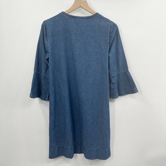 Draper James Chambray Ruffle Shift Dress in Medium Wash Size 8 - Picture 3 of 11